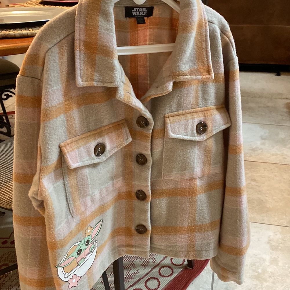 Star Wars Kids Mandalorian Plaid Grogu Flannel Shacket Button Down Sz 7/8 M